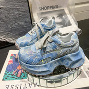 Sparkling Denim Sneakers For Women, Blue White Gradient High Top Platform Shoes With Rhinestones, Unique Fashion Thick Sole Design For Comfort