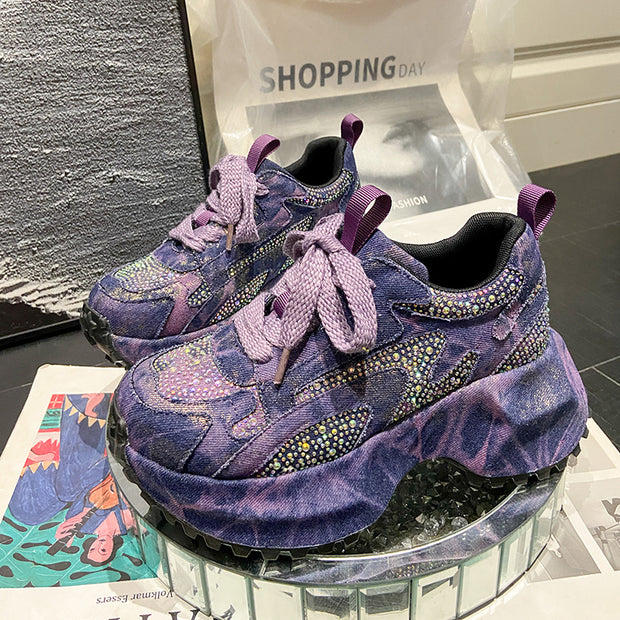 Sparkling Denim Sneakers For Women, Blue White Gradient High Top Platform Shoes With Rhinestones, Unique Fashion Thick Sole Design For Comfort