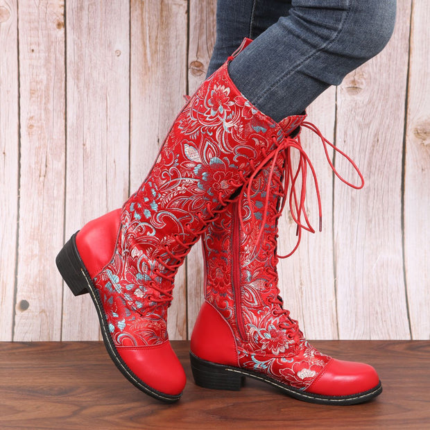 Flowers Print Long Boots WInter Retro Ethnic Style Shoes Lace-up Heeled Boots Women