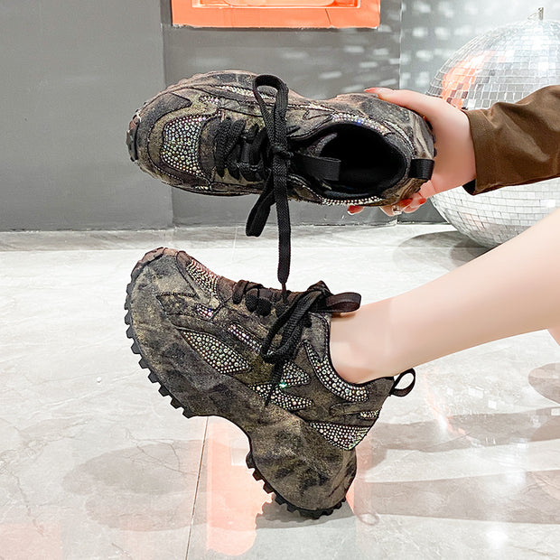 Sparkling Denim Sneakers For Women, Blue White Gradient High Top Platform Shoes With Rhinestones, Unique Fashion Thick Sole Design For Comfort