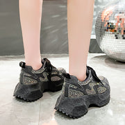 Sparkling Denim Sneakers For Women, Blue White Gradient High Top Platform Shoes With Rhinestones, Unique Fashion Thick Sole Design For Comfort